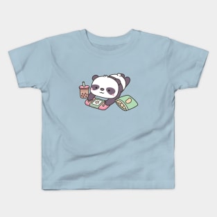 Cute Chilling Panda With Game Console Kids T-Shirt